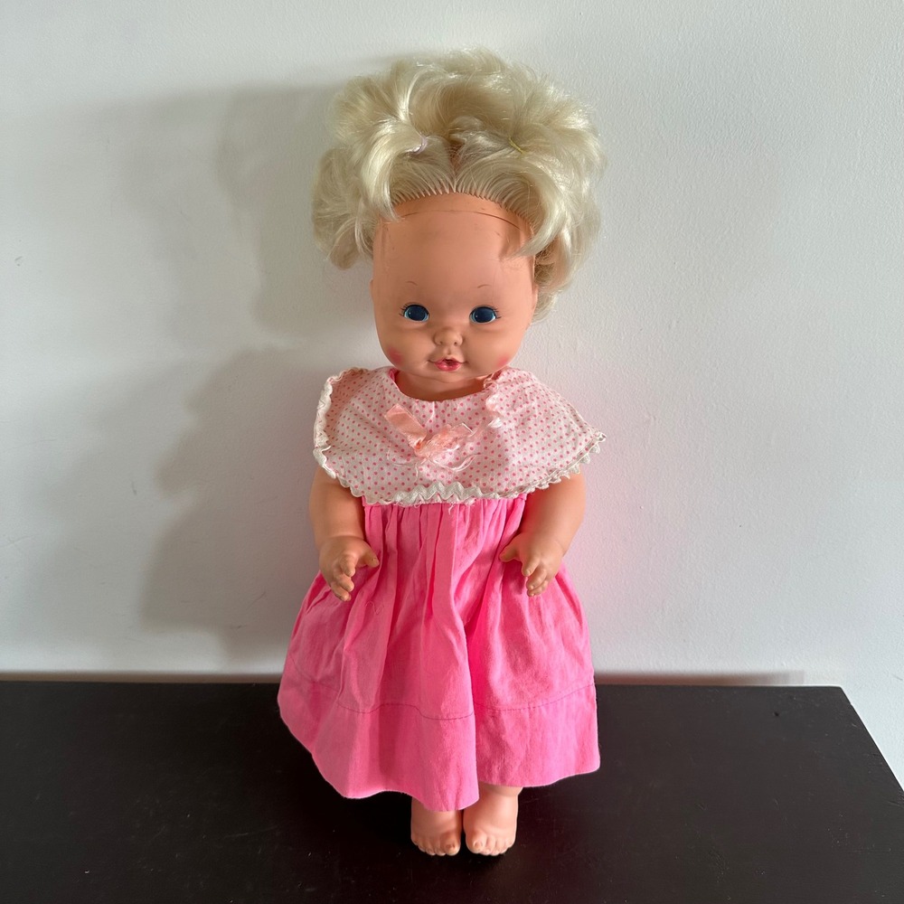 VTG 1969 Mattel Baby Tender Love Doll Blonde Hair Pink Polka Dot Dress Soft Body
